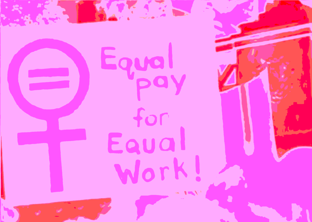 an equal pay for equal work sign in green, pink, and blue overlays.