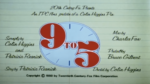 9to5 movie logo that features a clock with "9to5" overlayed. Movie information surrounds it.