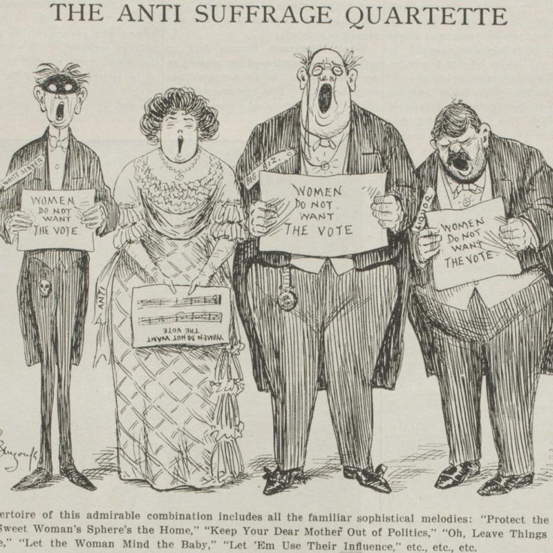 Old newspaper cartoon with four people singing holding signs reading, "Women do not want the vote."