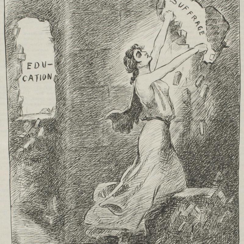 Old political cartoon with woman breaking down wall to reveal the words "Education" and "Suffrage."