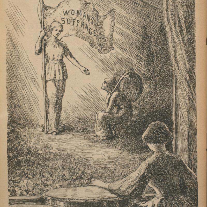 Old political cartoon titled, "Lucy Stone's Vision" with woman holding flag reading, "Woman's Suffrage".
