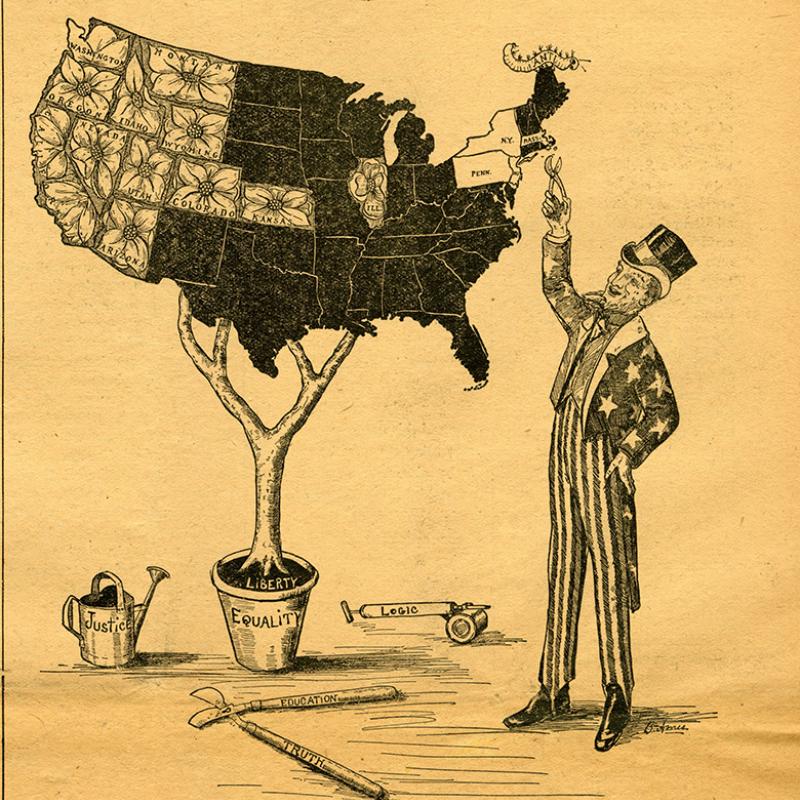 Old pro-suffrage political cartoon titled, "The Map Blossoms."