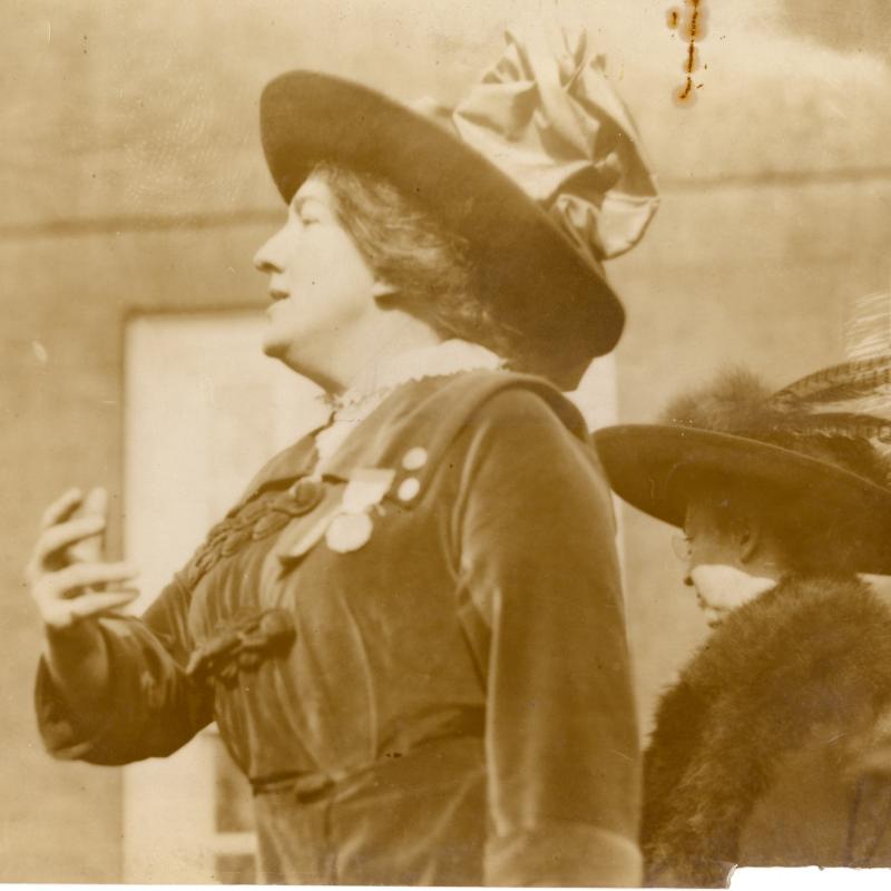 Black and white photograph of suffragist Margaret Foley making a speech
