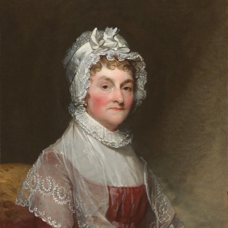 National Gallery of Art portrait of Abigail Adams sitting and wearing a bonnet and scarf