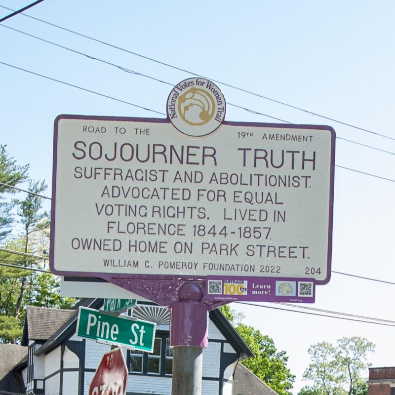 Purple and white Sojourner Truth women's suffrage marker sign.