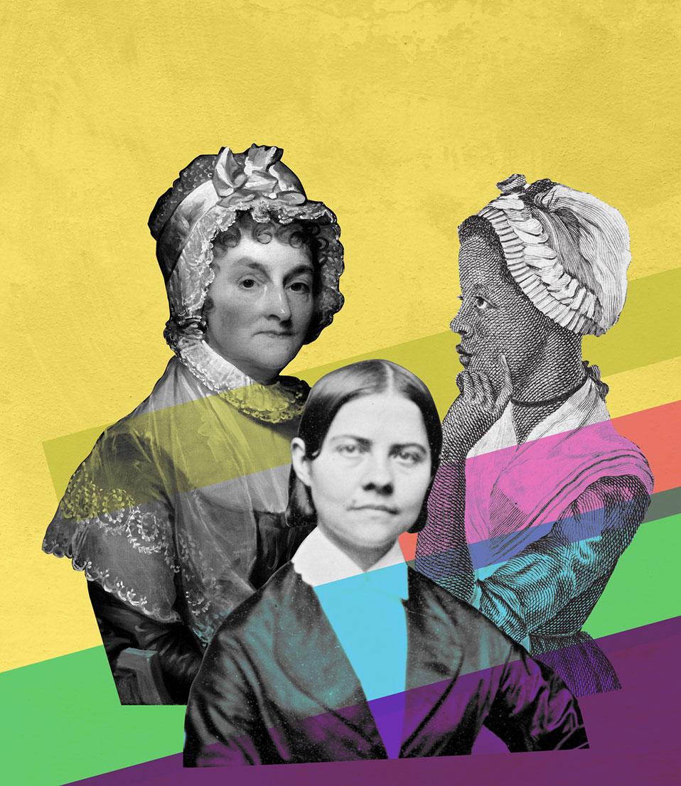 Collage of three female headshots from historical photographs