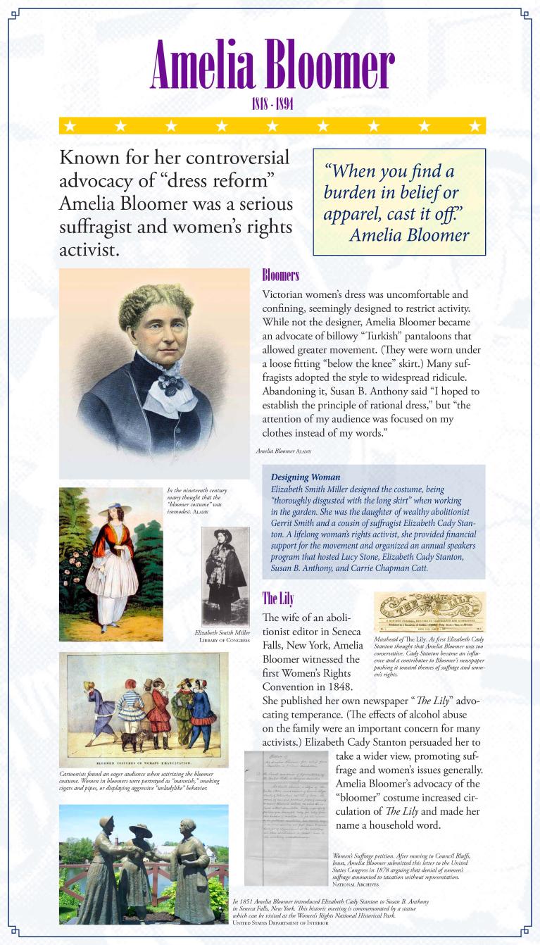 Suffrage display panel featuring Amelia Bloomer