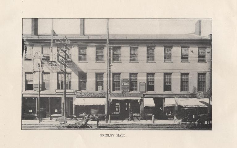 Black and white photograph of building exterior with text, "Brinley Hall."