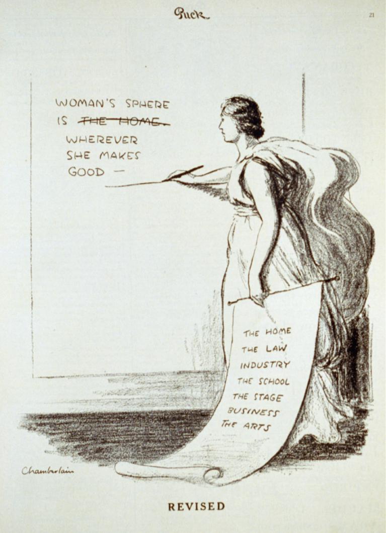 Newspaper political cartoon with woman in robes writing on wall.
