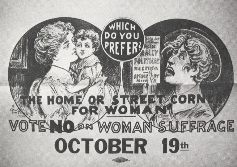 Newspaper cartoon reading, "Vote No on Women's Suffrage".