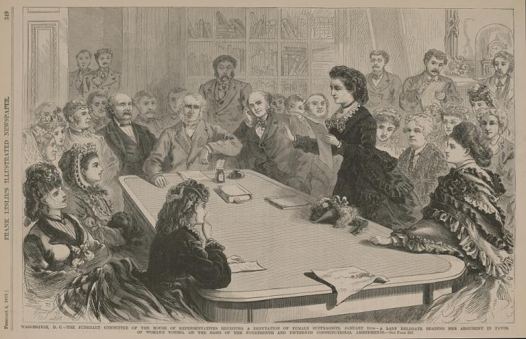 Illustration of a female delegate reading her argument in favor of woman's voting before the Judiciary Committee of the House of Representatives.