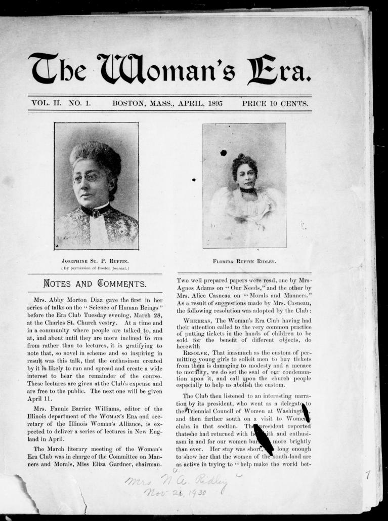 Front page of The Women's Era newspaper from April, 1895.