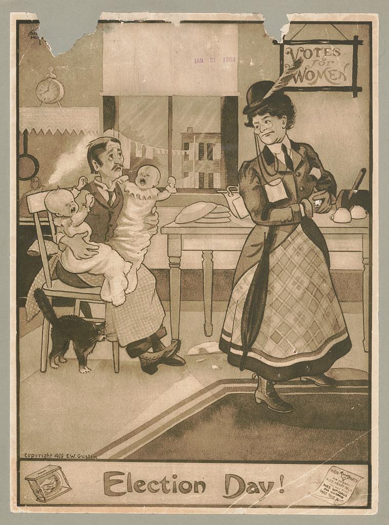 Black and white illustration of mother ready to vote and a father holding two crying babies