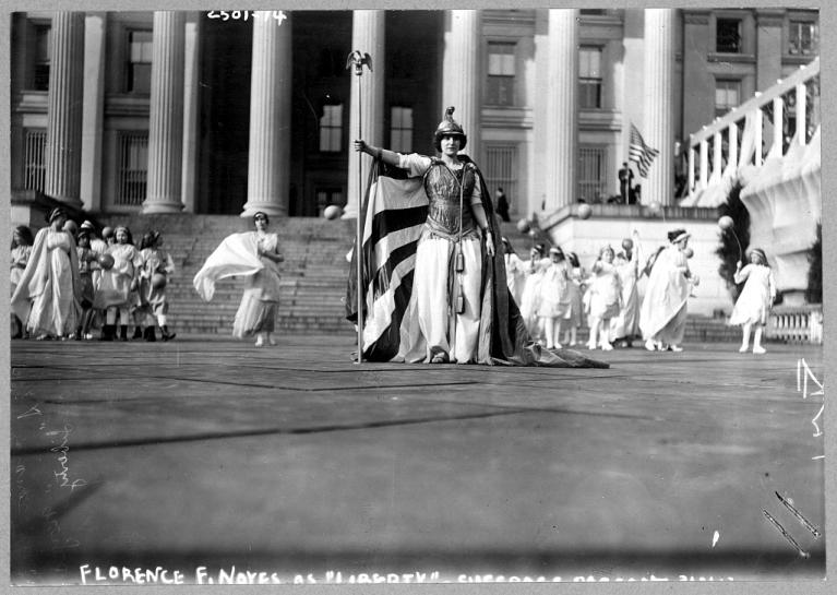 German actress Hedwig Reicher wearing costume of "Columbia" with other suffrage pageant participants.