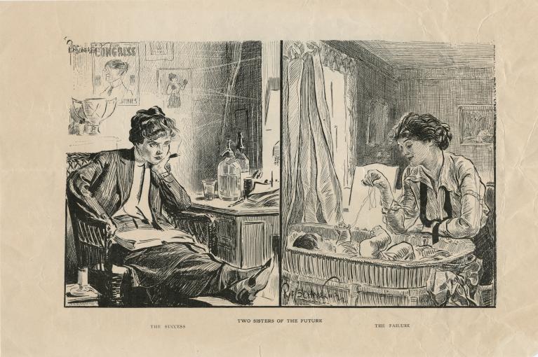Cartoon illustration of two sisters, one smoking at a desk, the other playing with her baby.