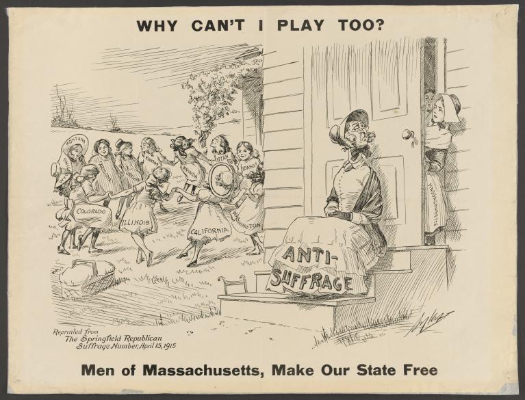 Cartoon illustration of girls representating Western states playing in a circle. The Massachusetts girl is barred from participating by an old woman representing anti-suffrage.