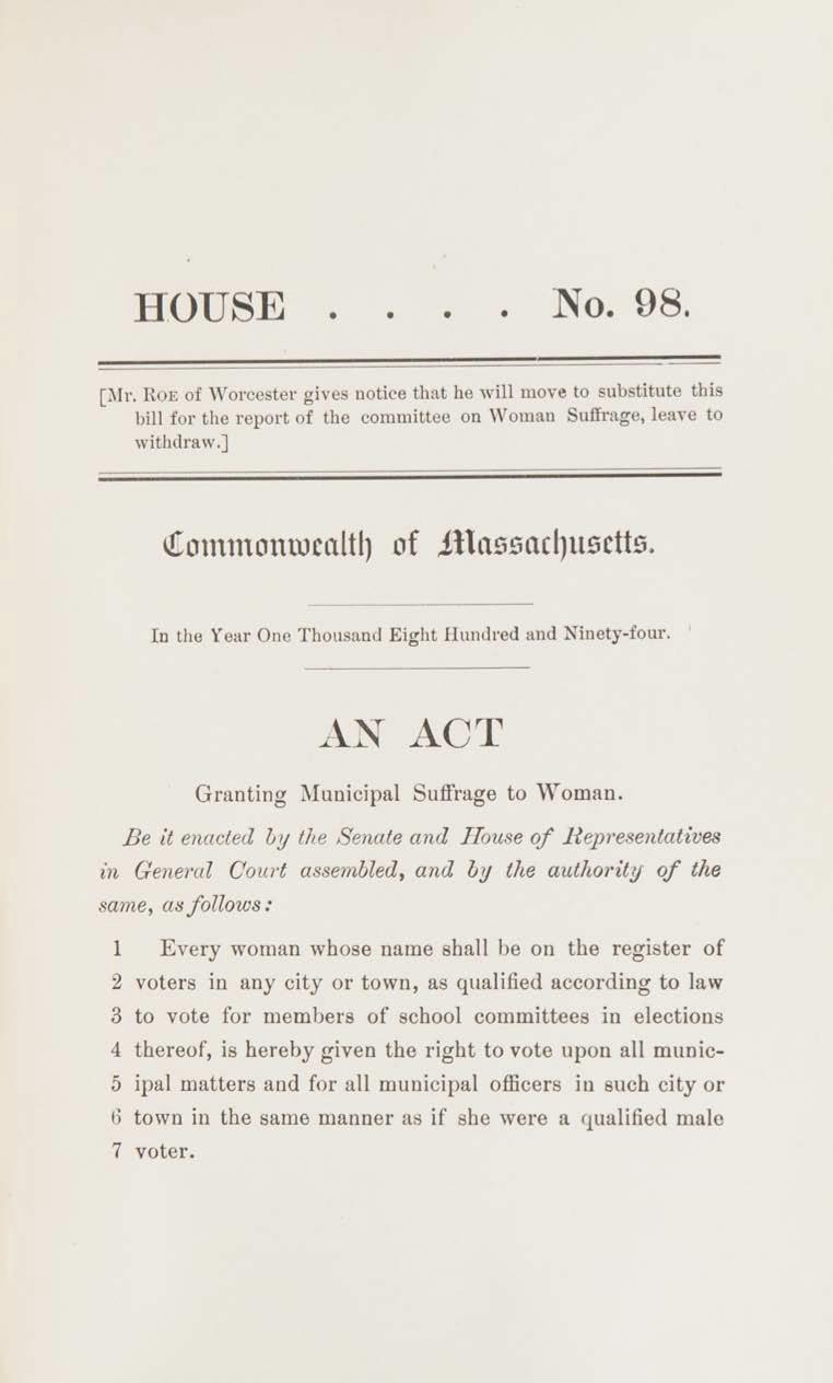 Bill for Massachusetts municipal suffrage in 1894.