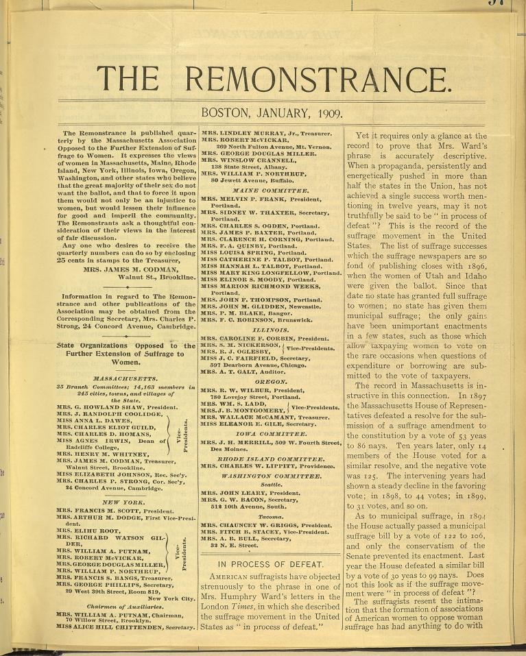 Print issue of newspaper The Remonstrance, Boston, dated January, 1909.