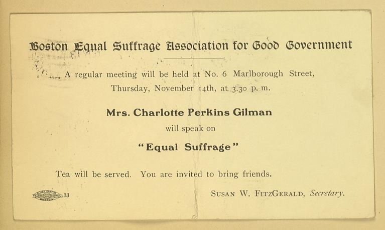 Meeting notice for Boston Equal Suffrage Association for Good Government.