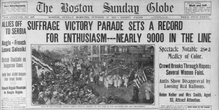 Boston Globe front page cover on Women's Suffrage Parade, dated October 17, 1915.