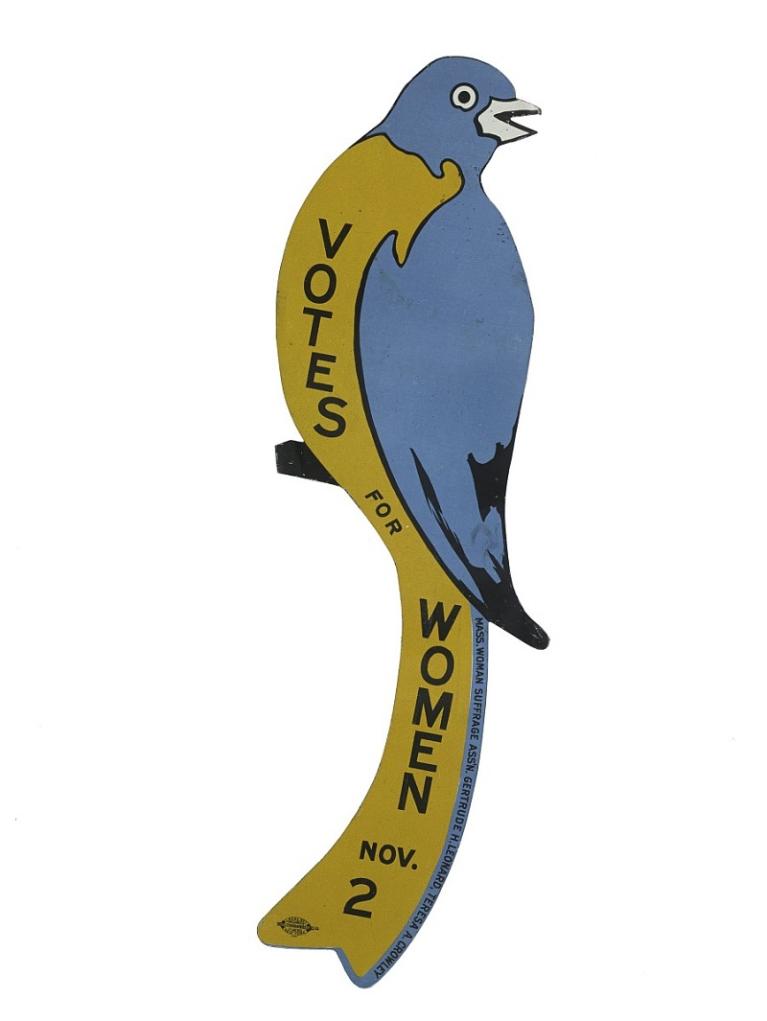 Blue and yellow illustration of a bluebird with "Votes for Women" and "Nov. 2"