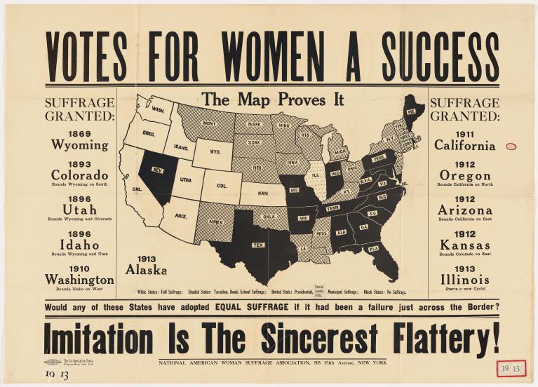 Poster with map of the United States indicating which states have granted woman suffrage