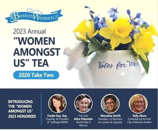 Flyer for Boston Women's Tea Event on April 1, 2023.