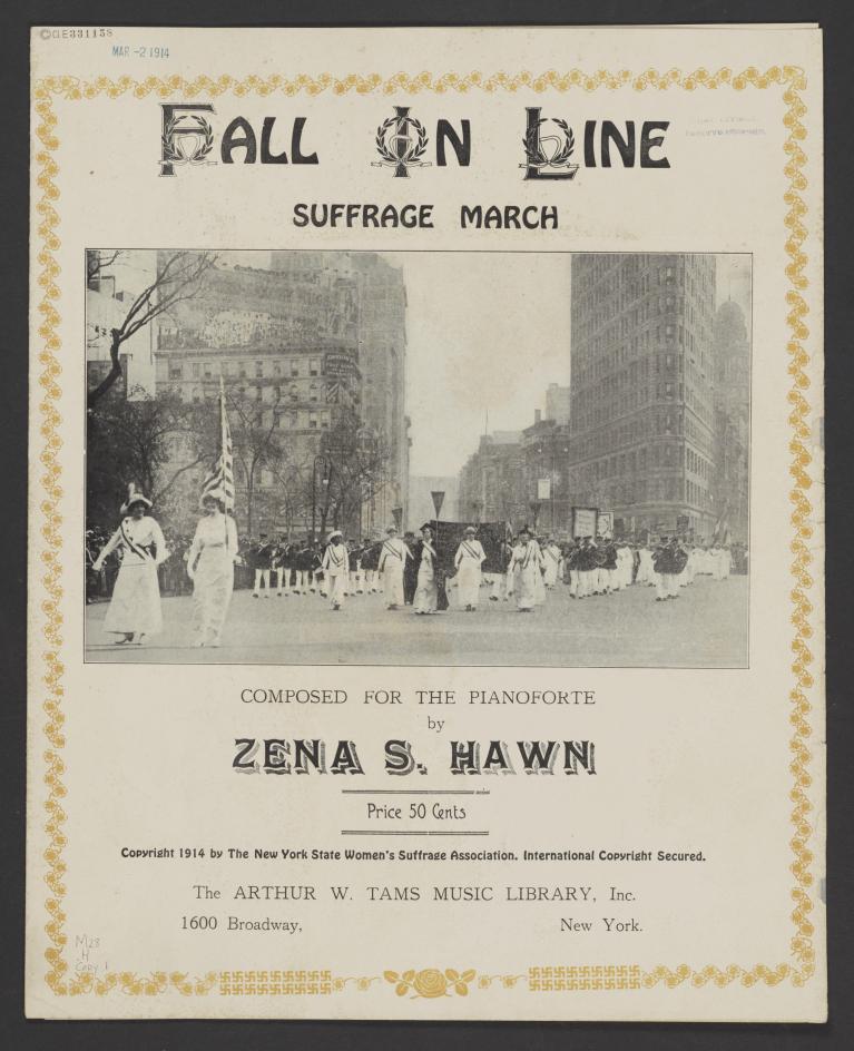 Sheet music cover for "Fall in Line Suffrage March" with black and white photograph of suffragists marching