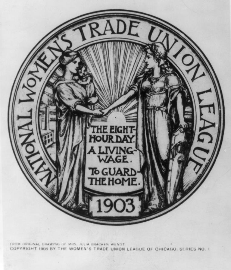 Black and white image of seal with text, "National Women's Trade Union League, 1903."