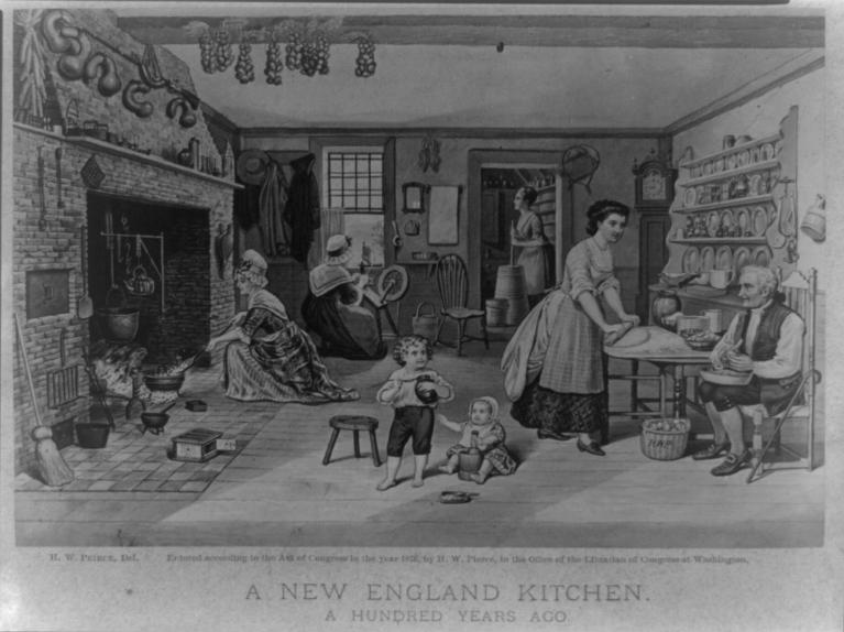 Black and white illustration of family in old-fashioned kitchen.