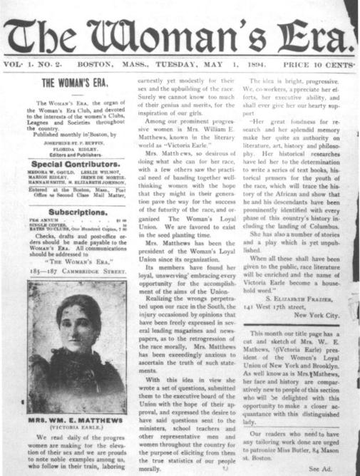 Black and white front page of The Woman's Era newspaper.